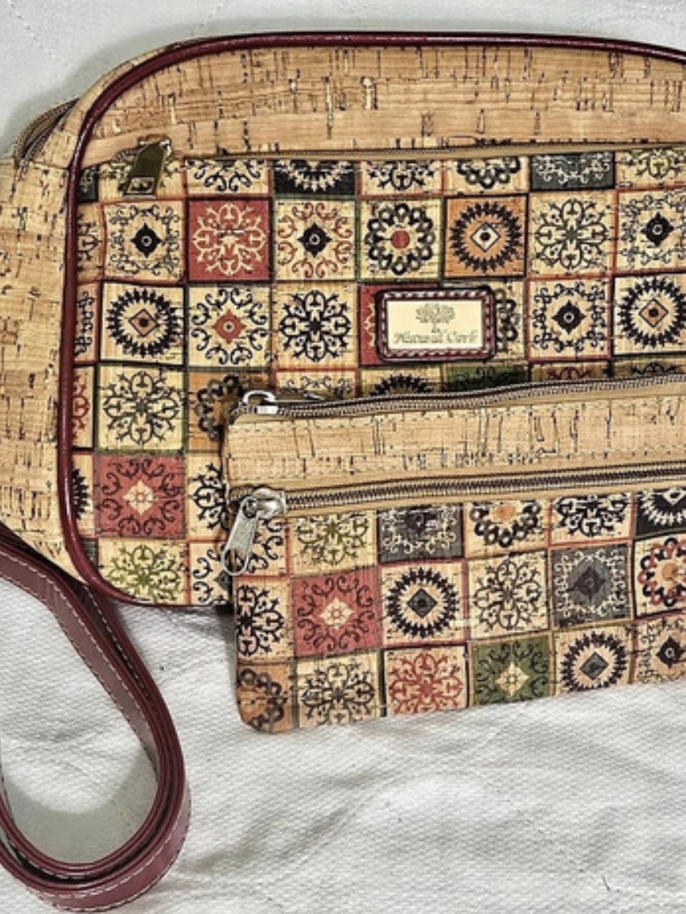 Portuguese Cork Geometric Crossbody Bag in Brown & Red
